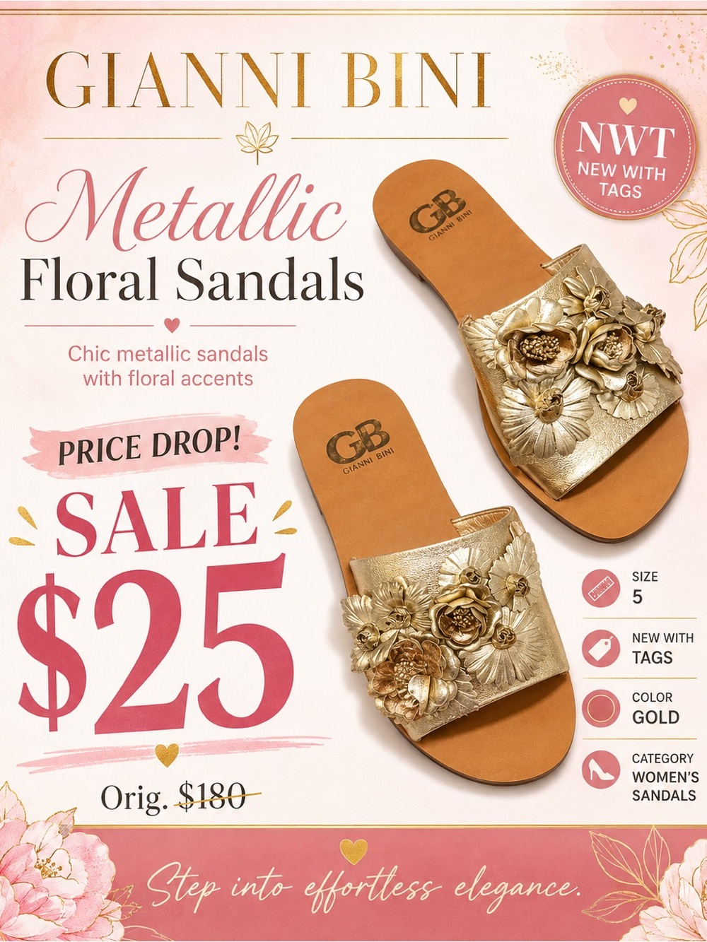Gianni Bini Gold Floral Metallic Slide Sandals